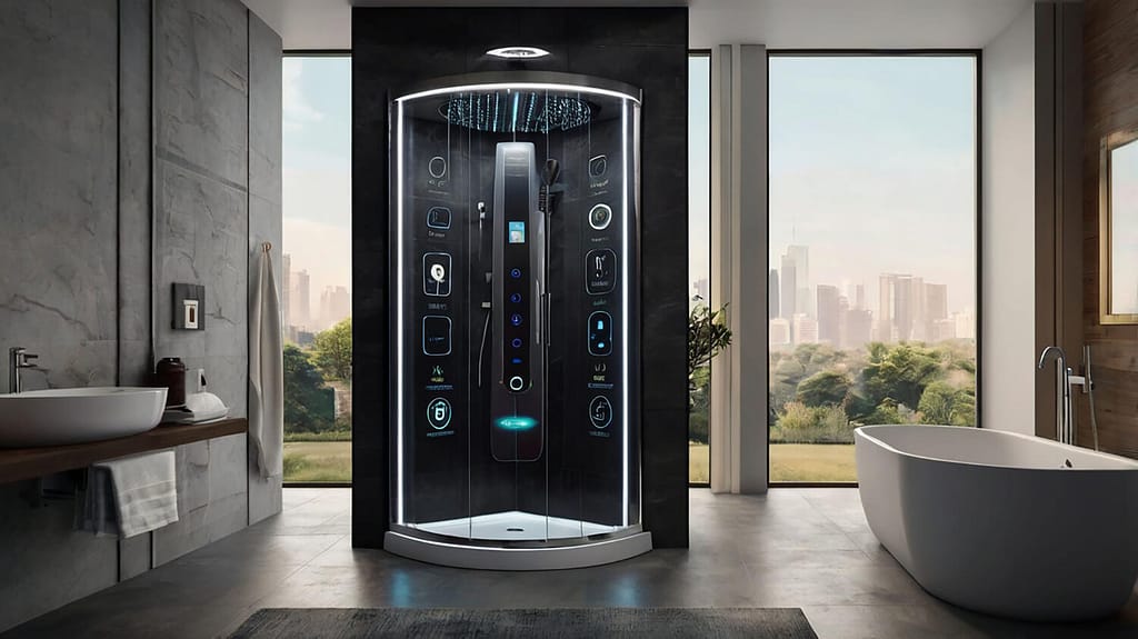 Cabina doccia moderna, in un bagno di design tecnologico, con elementi digitali al suo interno.