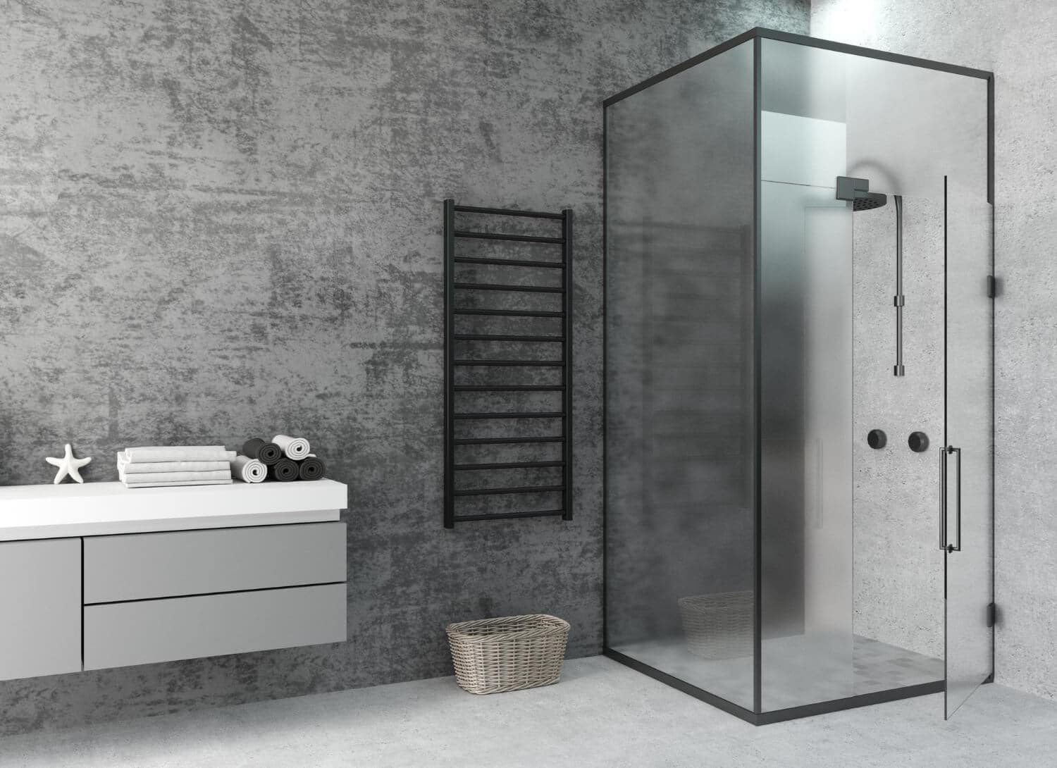 Box doccia moderno in un bagno di design sui toni del grigio