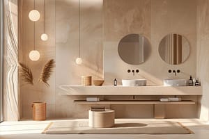 Bagno moderno con pareti e pavimento beige, caratterizzato da un design elegante e minimalista.